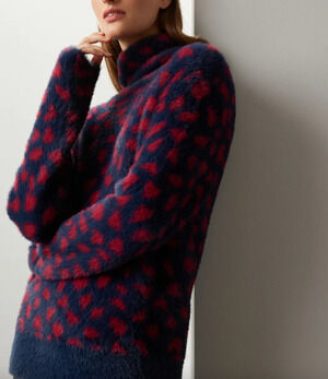 Thakoon Blue Red Fuzzy Sweater XL Leopard Oversized Soft Cozy Mockneck $275